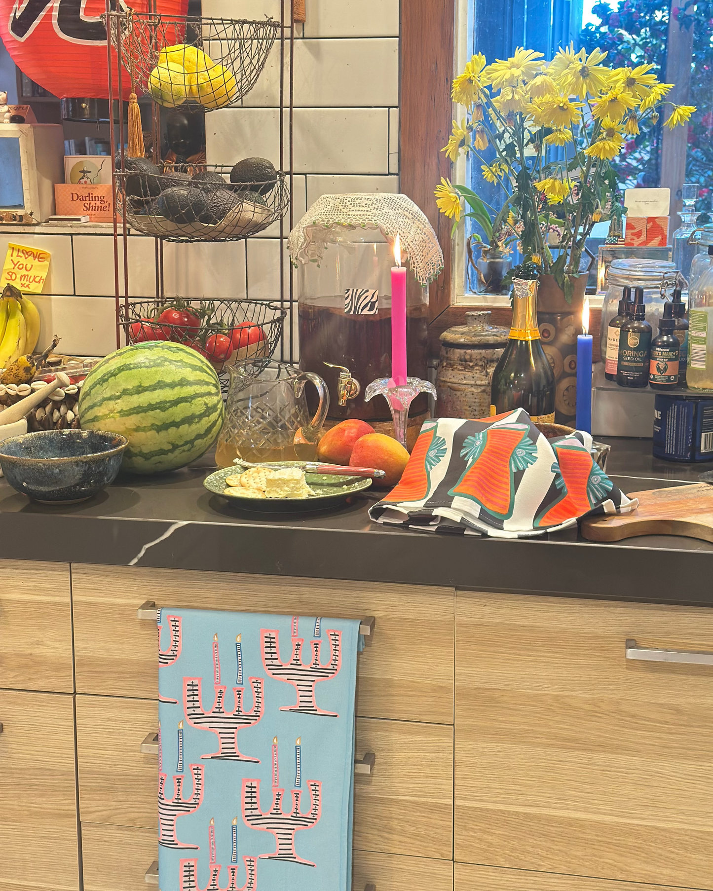 Teal Candelabra Tea Towel